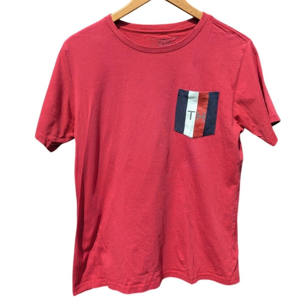 Preppy Tommy Hilfiger red single pocket shirt crew neck women L office casual